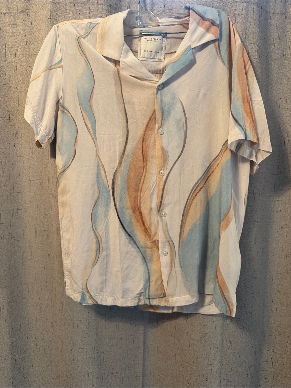 Denim & Flower Cream Button-Down Shirt with Blue & Tan Wave Print